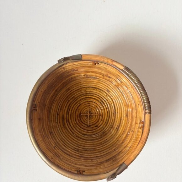 Large Vintage 1970's Italian Brass Rimmed Pencil Bamboo Basket With Handle - Picture 4 of 8